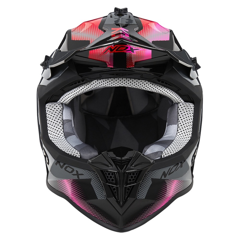 Casque de motocross pour femme NOX N633 rose fluo-rouge-gris