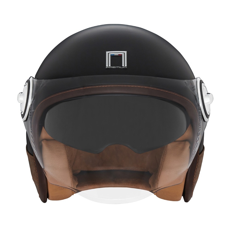 Casque moto ouvert NOX PREMIUM Heritage noir mat avec cuir marron