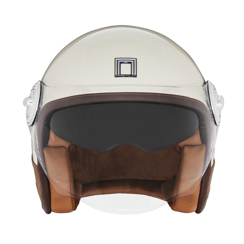 Casque moto ouvert NOX PREMIUM Heritage, blanc crème et cuir marron
