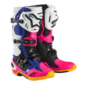 Bottes de moto Alpinestars Tech 10 Limited Edition Coast blanc-bleu foncé-rose-jaune fluo-orange-noir