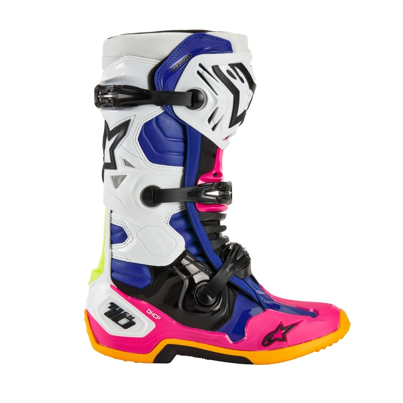 Bottes de moto Alpinestars Tech 10 Limited Edition Coast blanc-bleu foncé-rose-jaune fluo-orange-noir