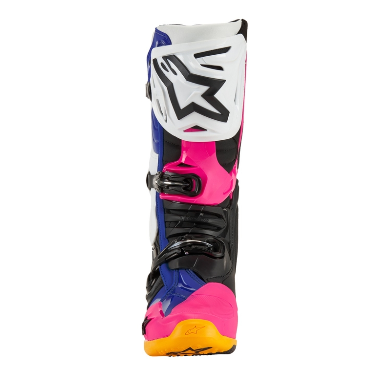 Bottes de moto Alpinestars Tech 10 Limited Edition Coast blanc-bleu foncé-rose-jaune fluo-orange-noir
