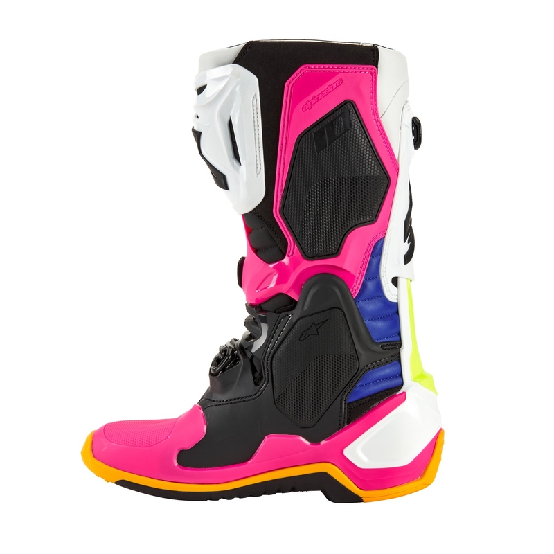 Bottes de moto Alpinestars Tech 10 Limited Edition Coast blanc-bleu foncé-rose-jaune fluo-orange-noir