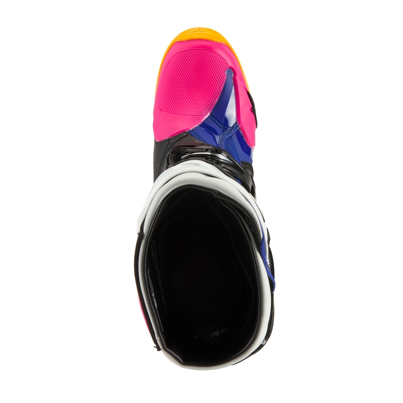 Bottes de moto Alpinestars Tech 10 Limited Edition Coast blanc-bleu foncé-rose-jaune fluo-orange-noir