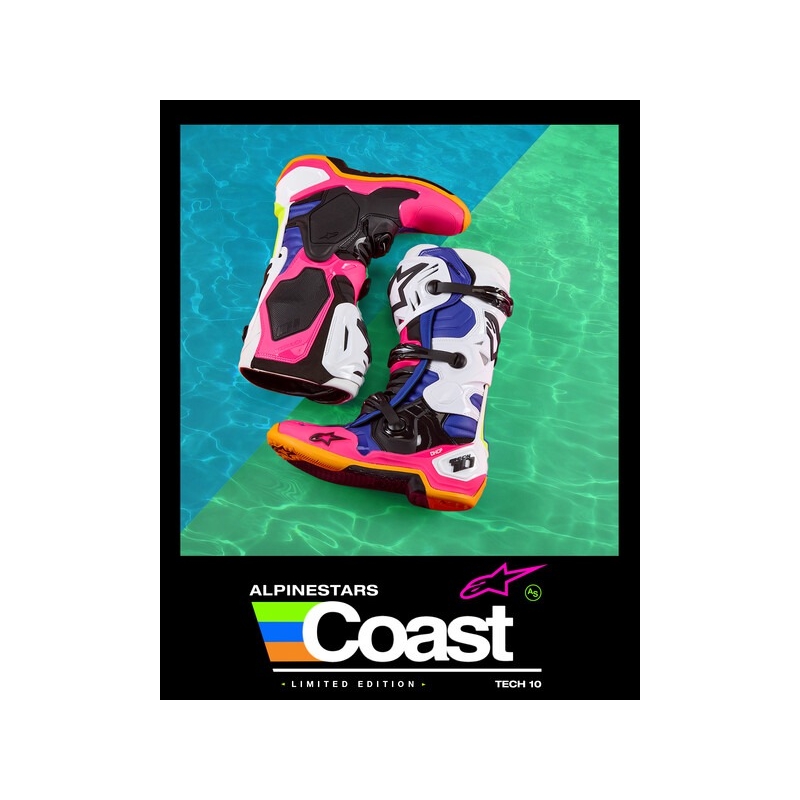 Bottes de moto Alpinestars Tech 10 Limited Edition Coast blanc-bleu foncé-rose-jaune fluo-orange-noir