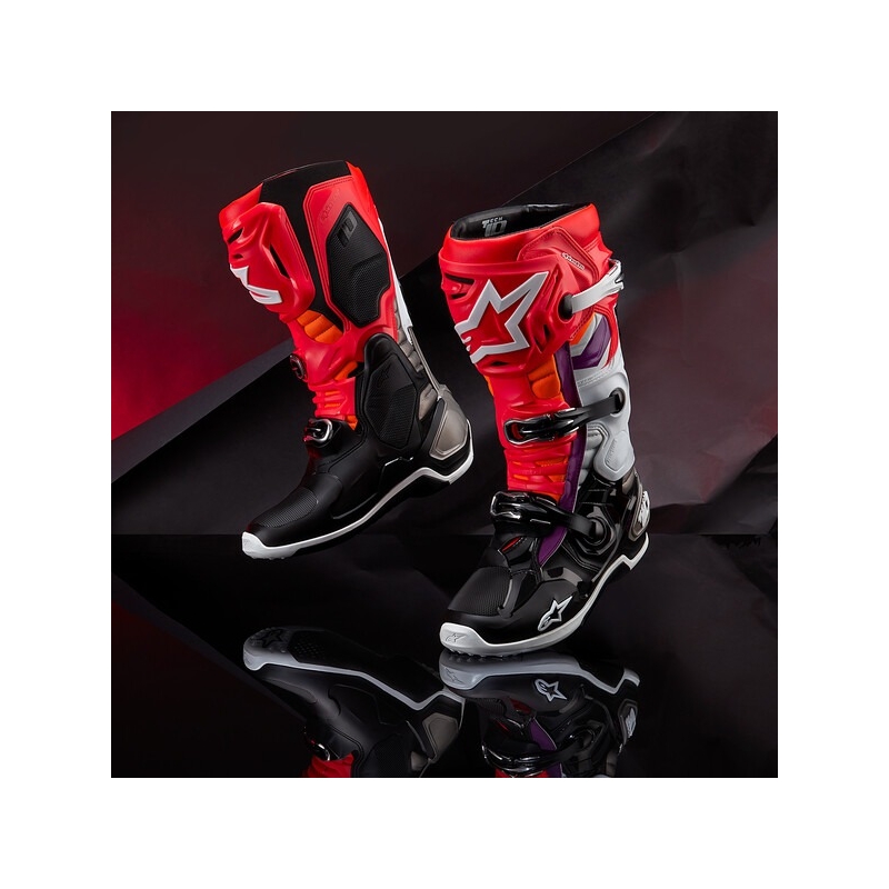 Bottes de moto Alpinestars Tech 10 orange-jaune-violet-blanc-noir