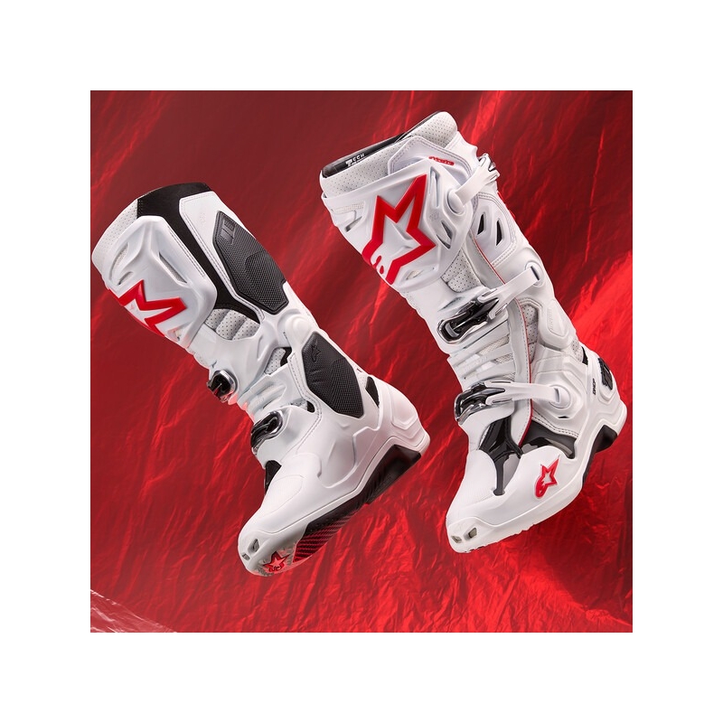 Bottes Moto Alpinestars Tech 10 Supervented Perforées Blanc-Rouge-Noir