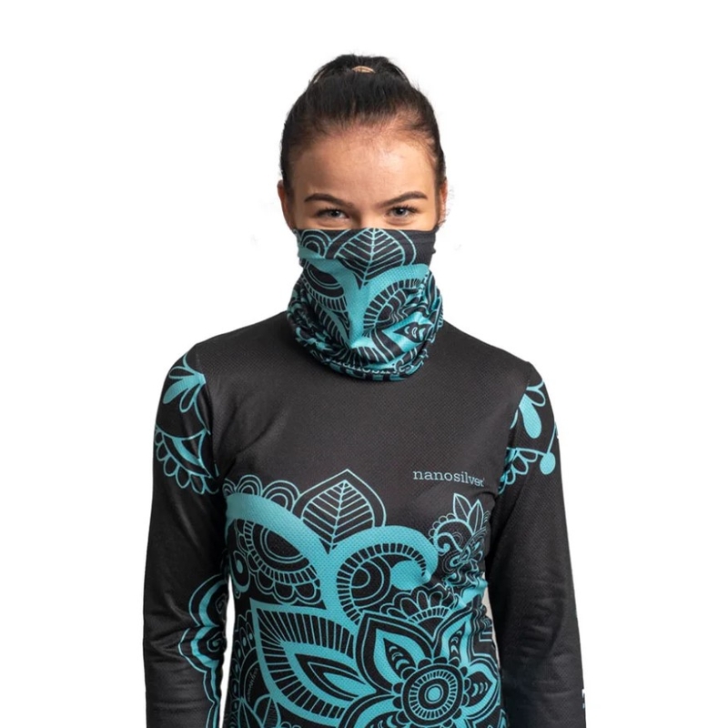 Chauffe-cou multifonctionnel nanosilver® Flower noir-turquoise