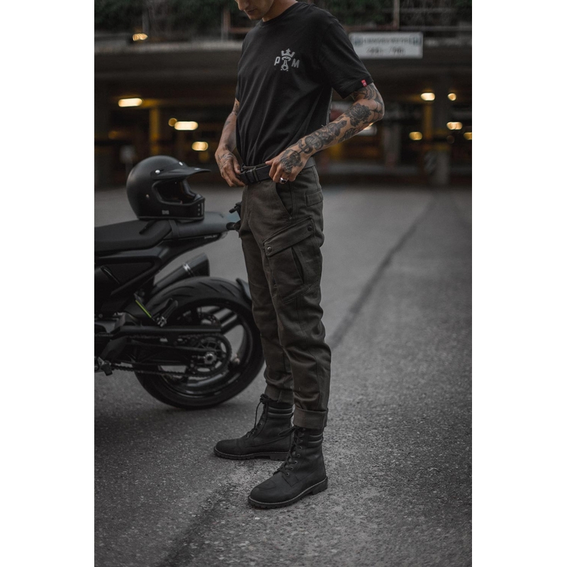 Jeansy na motorku PANDO MOTO Mark Kev olivově zelené výprodej - II. jakost