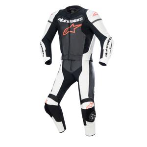 Combinaison deux pièces Alpinestars GP Force Lurv 2025 en cuir blanc-noir-rouge fluo