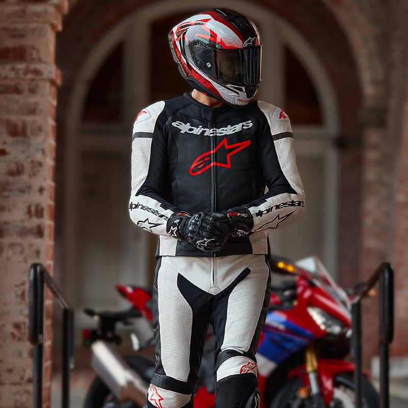 Combinaison deux pièces Alpinestars GP Force Lurv en cuir blanc-noir-rouge fluo