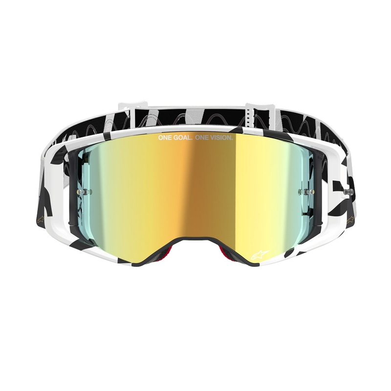 Lunettes de motocross Alpinestars Supertech Corp blanches et dorées avec lentilles dorées miroitées