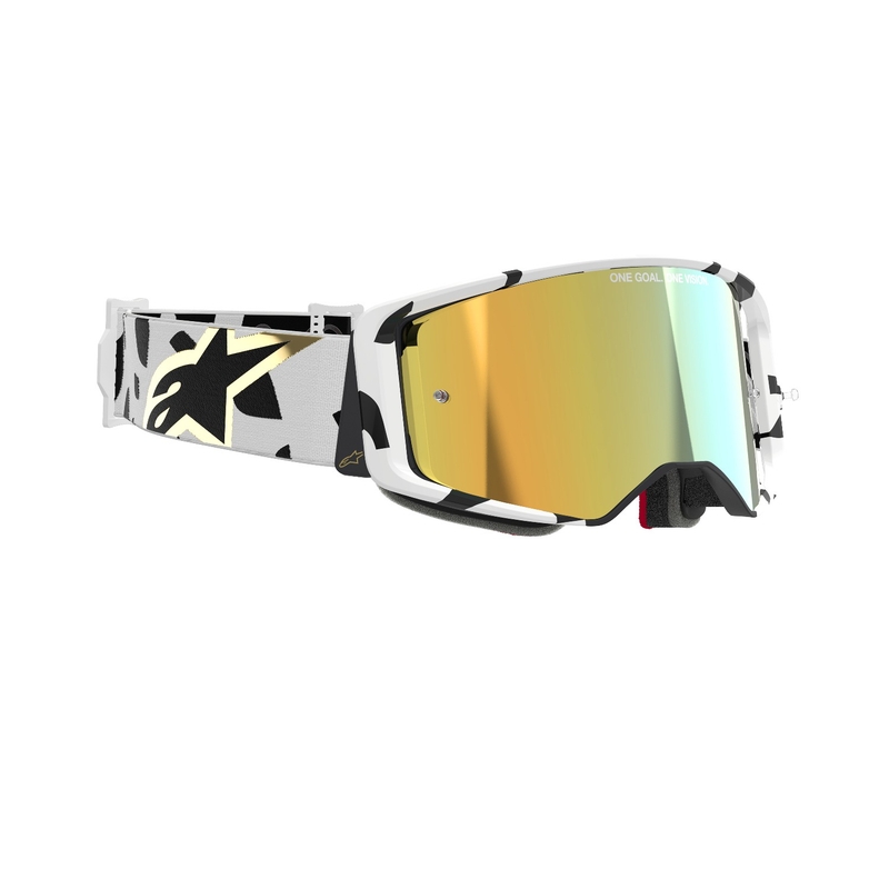 Lunettes de motocross Alpinestars Supertech Corp blanches et dorées avec lentilles dorées miroitées