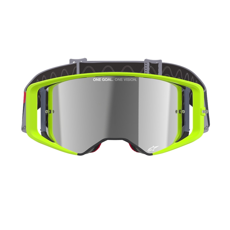Lunettes de motocross Alpinestars Supertech Corp jaune fluo-rouge avec lentilles argentées miroitées