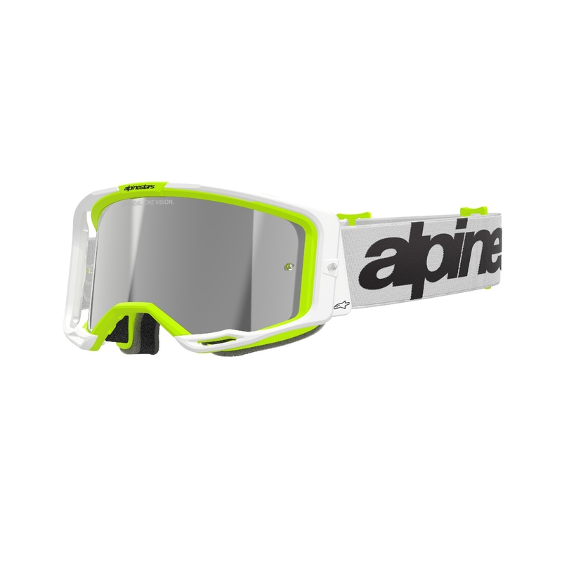 Lunettes de motocross Alpinestars Vision 8 Wordmark blanc-jaune fluo avec lentille argentée réfléchissante