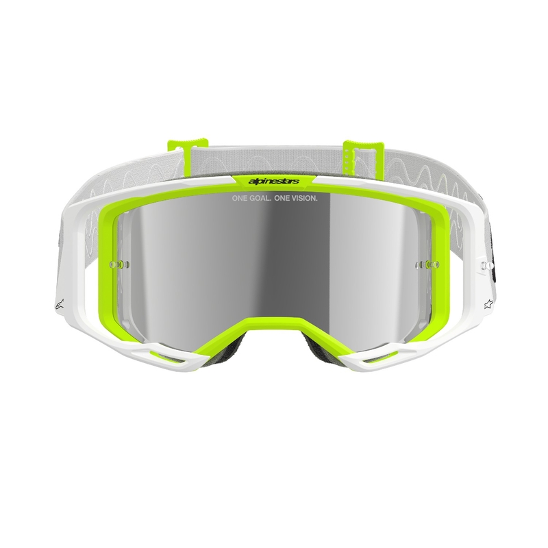 Lunettes de motocross Alpinestars Vision 8 Wordmark blanc-jaune fluo avec lentille argentée réfléchissante