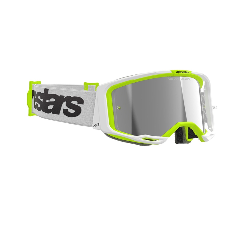 Lunettes de motocross Alpinestars Vision 8 Wordmark blanc-jaune fluo avec lentille argentée réfléchissante
