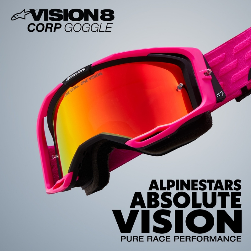 Lunettes de motocross Alpinestars Vision 8 Wordmark bleu-orange avec lentille rouge réfléchissante