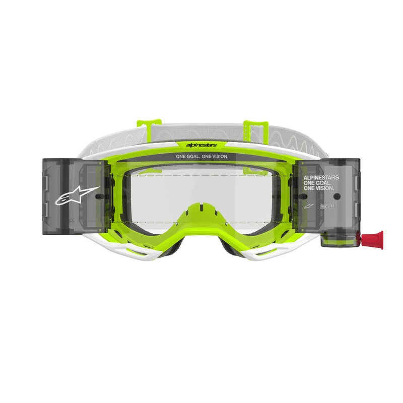 Lunettes de motocross Alpinestars Vision 8 Wordmark ROLL-OFF Wide Vision blanc-jaune fluo avec oculaire transparent