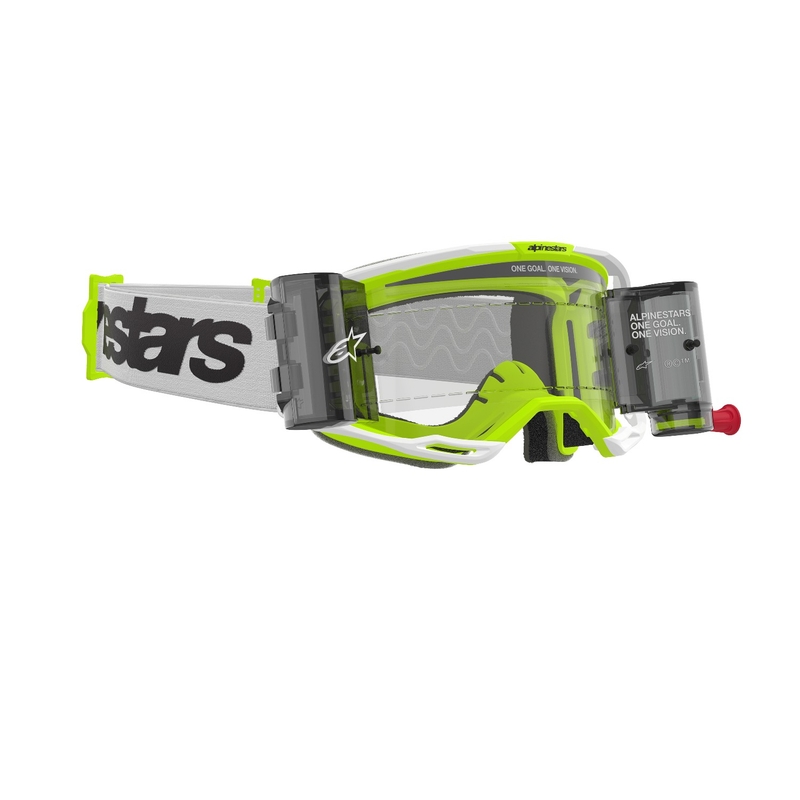 Lunettes de motocross Alpinestars Vision 8 Wordmark ROLL-OFF Wide Vision blanc-jaune fluo avec oculaire transparent
