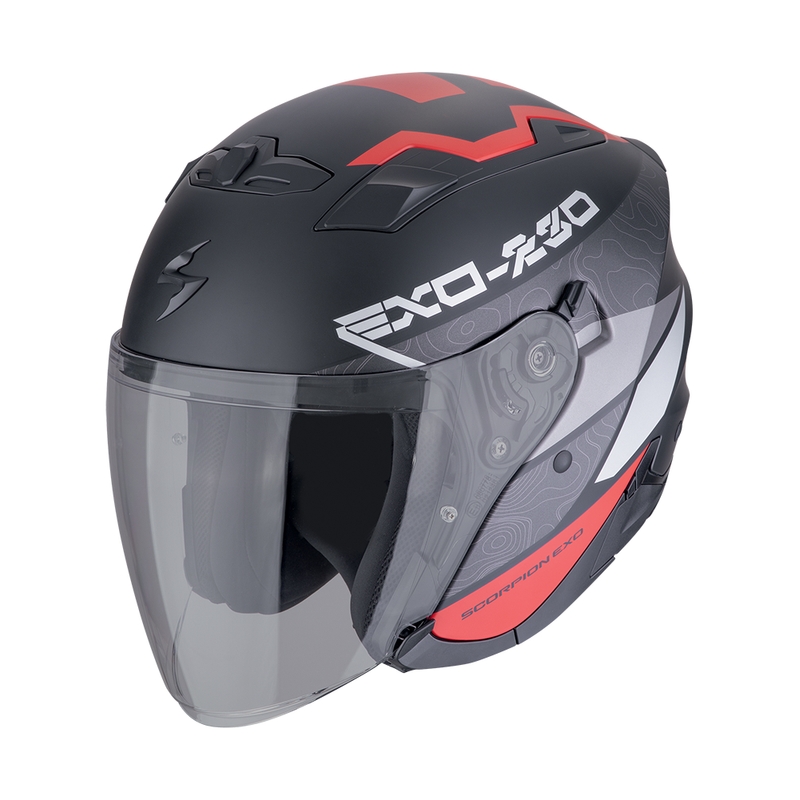 Casque moto ouvert SCORPION EXO-230 BAND noir-rouge-argenté mat soldes
