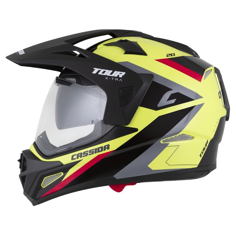Casque enduro Cassida Tour 2.0 X-tra fluo jaune-noir-rouge-gris avec visière noir mat