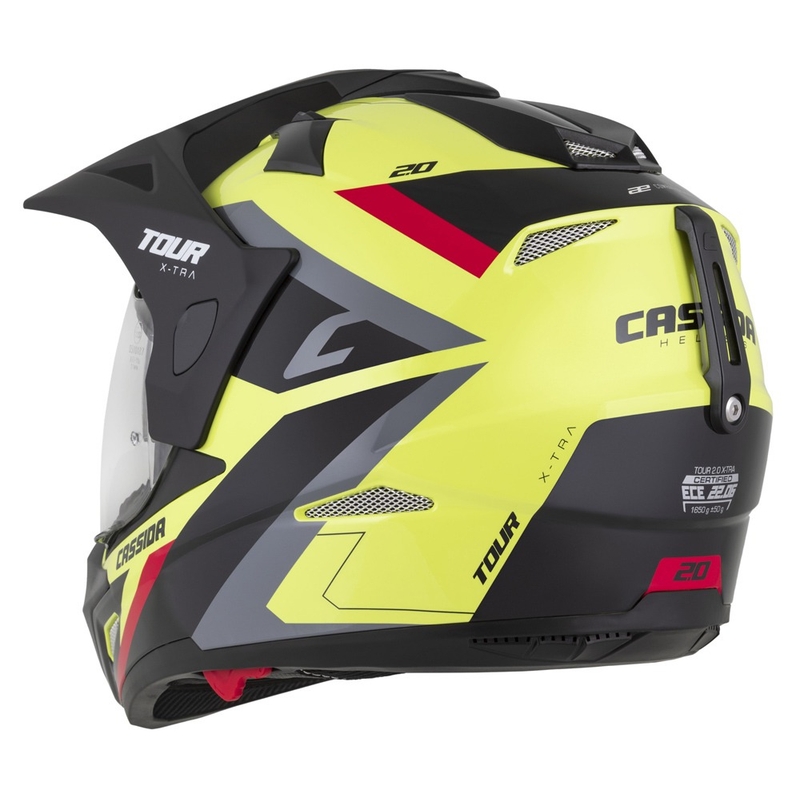 Casque enduro Cassida Tour 2.0 X-tra fluo jaune-noir-rouge-gris avec visière noir mat