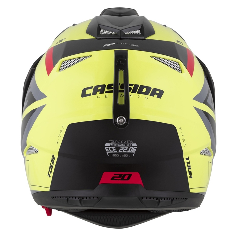 Casque enduro Cassida Tour 2.0 X-tra fluo jaune-noir-rouge-gris avec visière noir mat