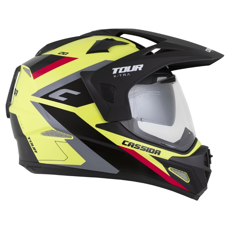 Casque enduro Cassida Tour 2.0 X-tra fluo jaune-noir-rouge-gris avec visière noir mat