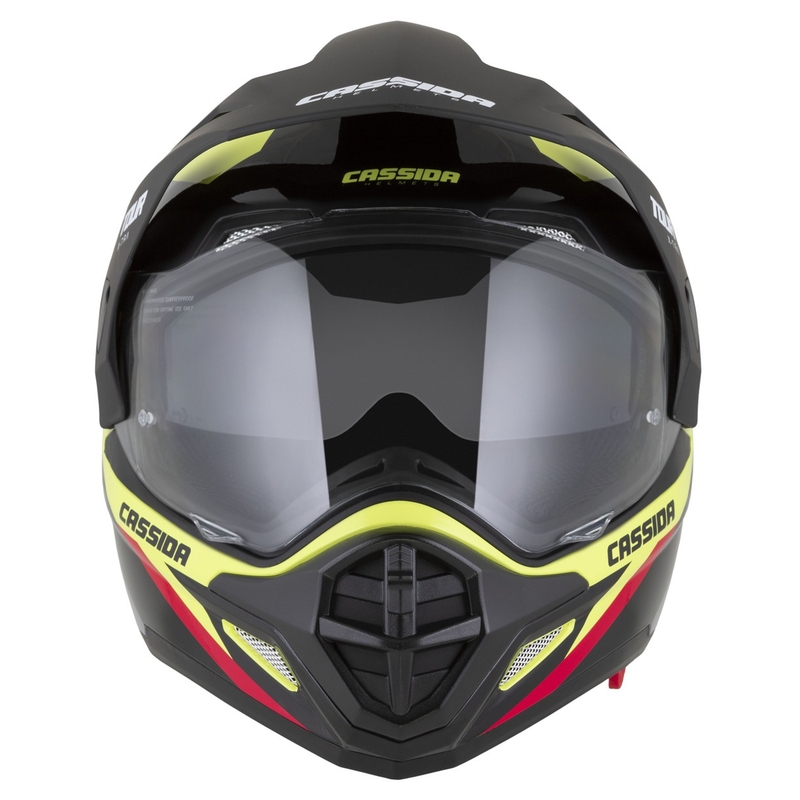 Casque enduro Cassida Tour 2.0 X-tra fluo jaune-noir-rouge-gris avec visière noir mat