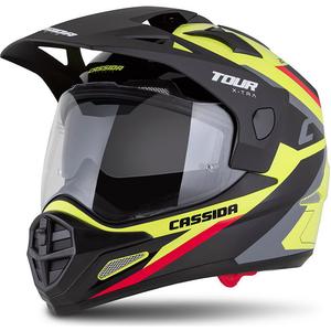 Casque enduro Cassida Tour 2.0 X-tra fluo jaune-noir-rouge-gris avec visière noir mat