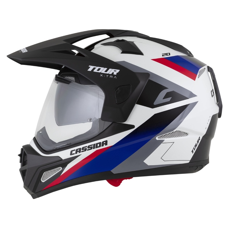 Casque Enduro Cassida Tour 2.0 X-tra blanc-bleu-rouge-noir avec visière noir mat