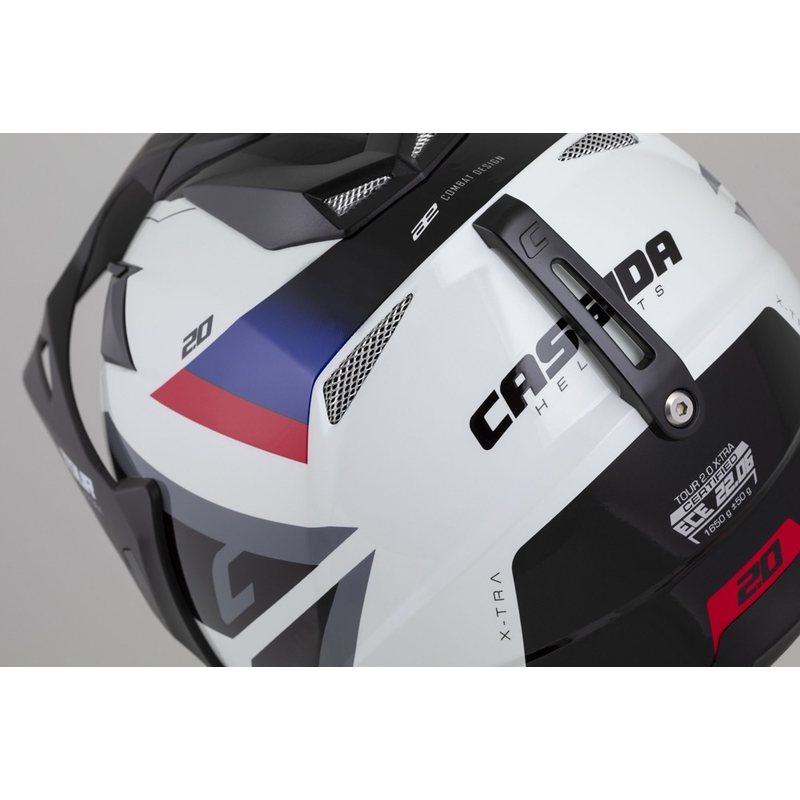 Casque Enduro Cassida Tour 2.0 X-tra blanc-bleu-rouge-noir avec visière noir mat