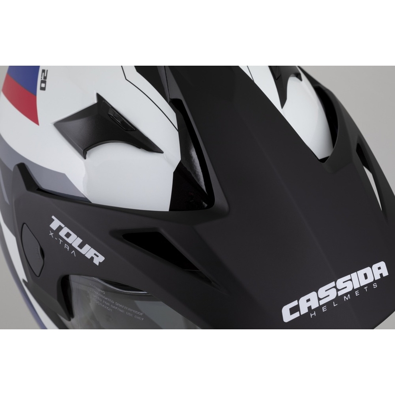 Casque Enduro Cassida Tour 2.0 X-tra blanc-bleu-rouge-noir avec visière noir mat