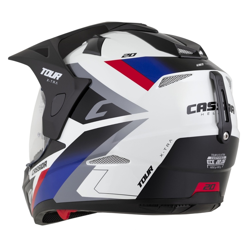 Casque Enduro Cassida Tour 2.0 X-tra blanc-bleu-rouge-noir avec visière noir mat