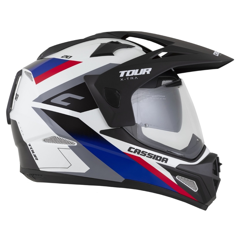 Casque Enduro Cassida Tour 2.0 X-tra blanc-bleu-rouge-noir avec visière noir mat