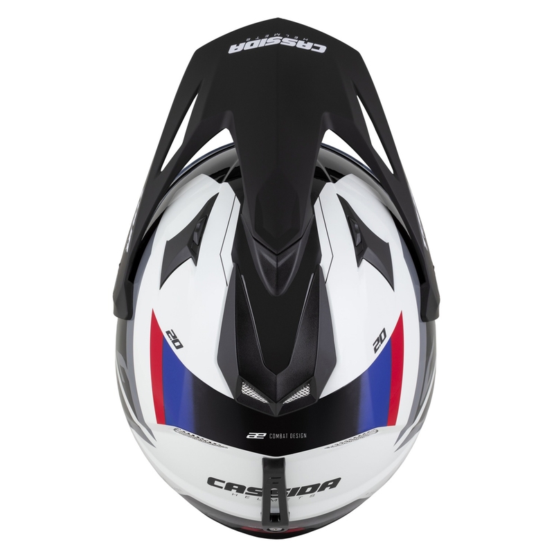 Casque Enduro Cassida Tour 2.0 X-tra blanc-bleu-rouge-noir avec visière noir mat