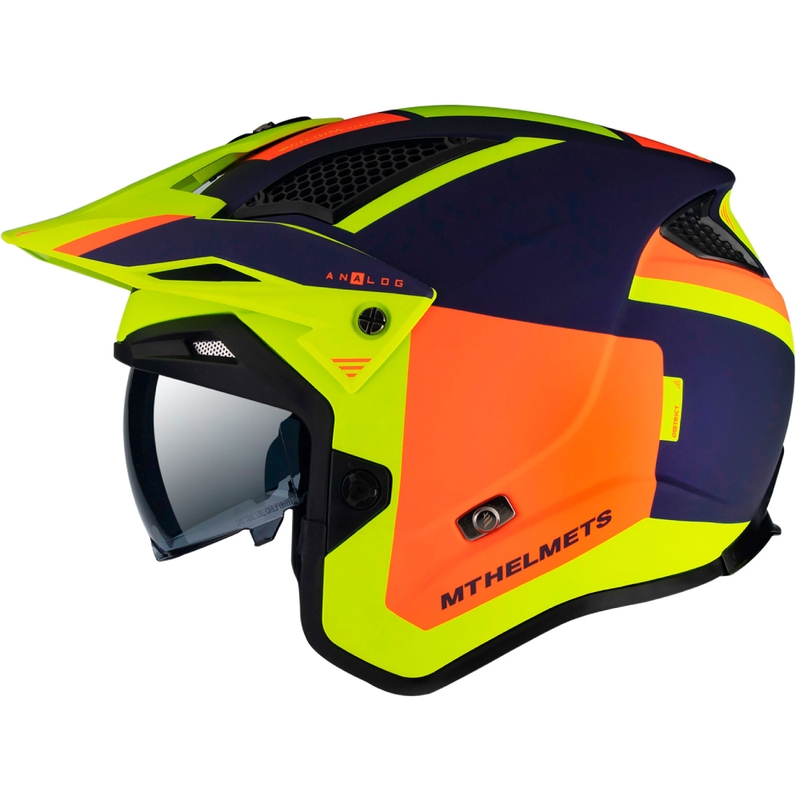 Casque moto MT District SV Analog D27 bleu-orange-jaune fluo open trial
