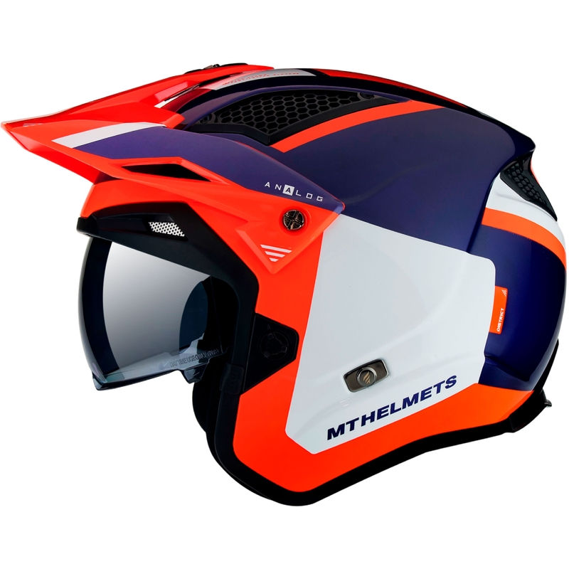 Casque moto MT District SV Analog D5 bleu-blanc-orange fluo open trial