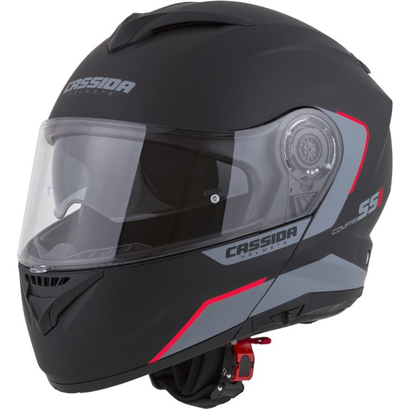 Casque de moto Cassida Compress 2.0 Refraction noir-gris-rouge à visière relevable