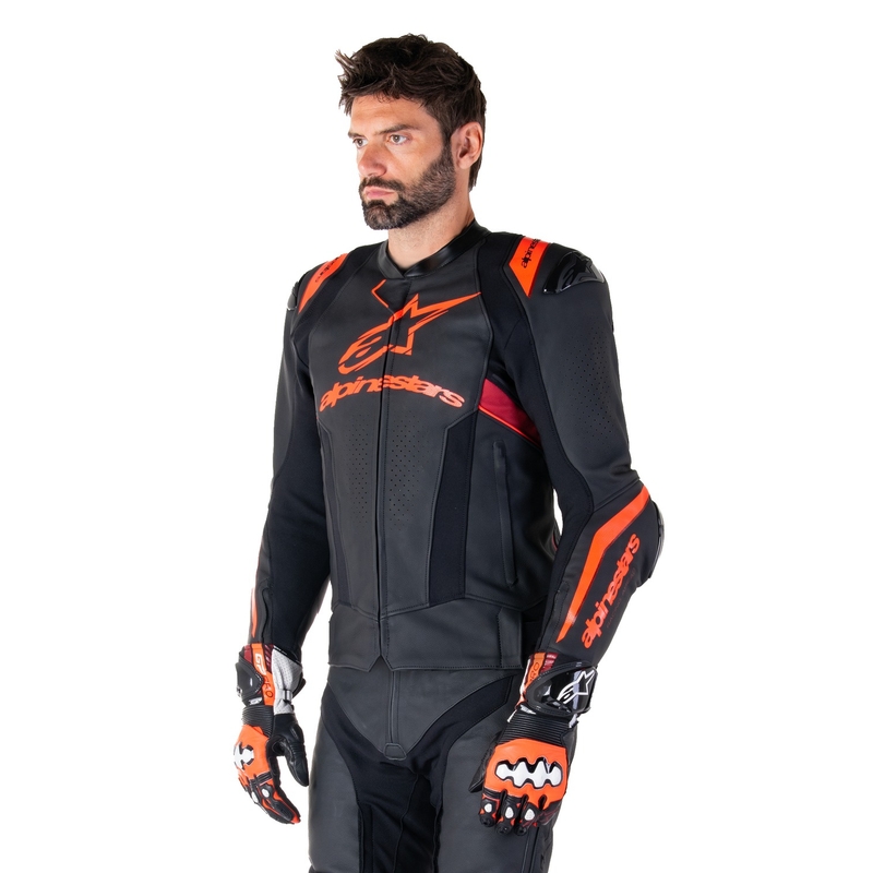 Blouson moto en cuir Alpinestars Missile 3 Ignition noir-rouge fluo-rouge foncé