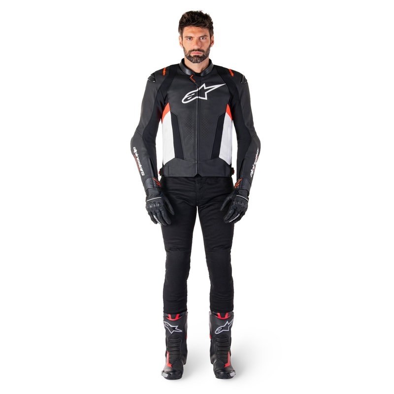 Blouson moto cuir Alpinestars Missile 3 noir-blanc-rouge fluo