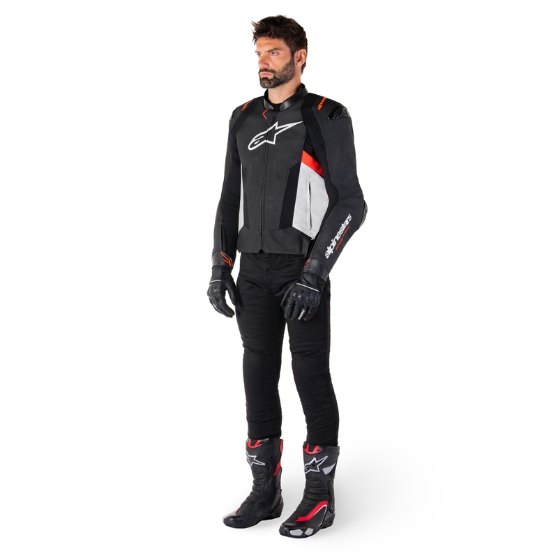 Blouson moto cuir Alpinestars Missile 3 noir-blanc-rouge fluo