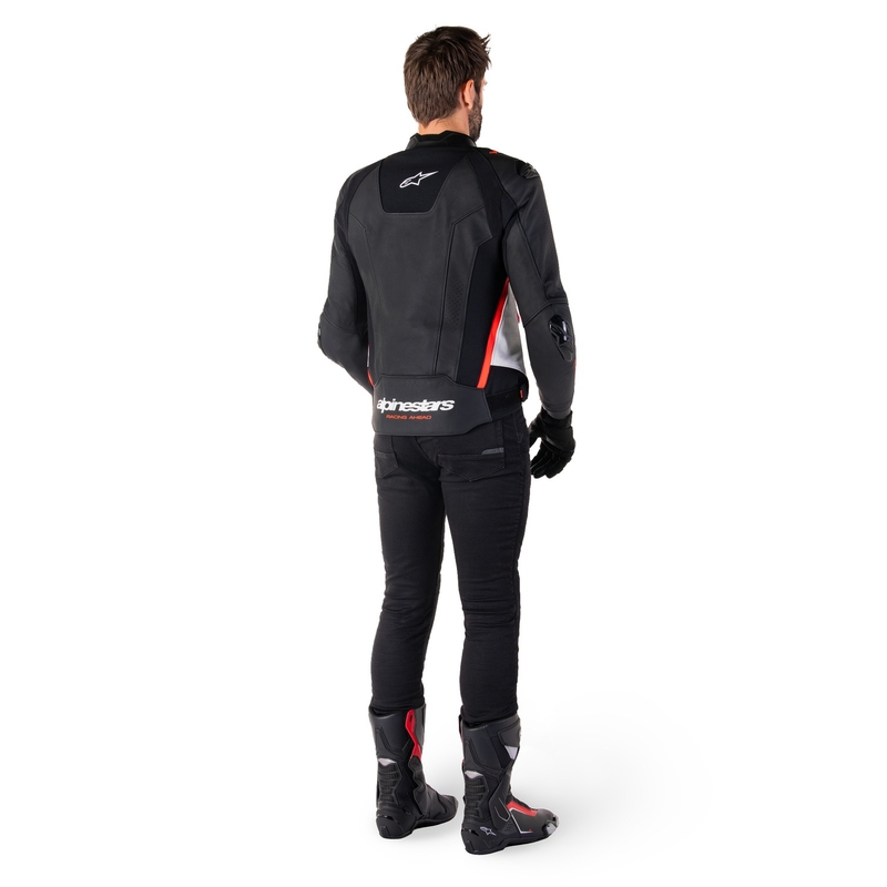 Blouson moto cuir Alpinestars Missile 3 noir-blanc-rouge fluo