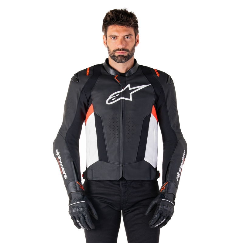 Blouson moto cuir Alpinestars Missile 3 noir-blanc-rouge fluo