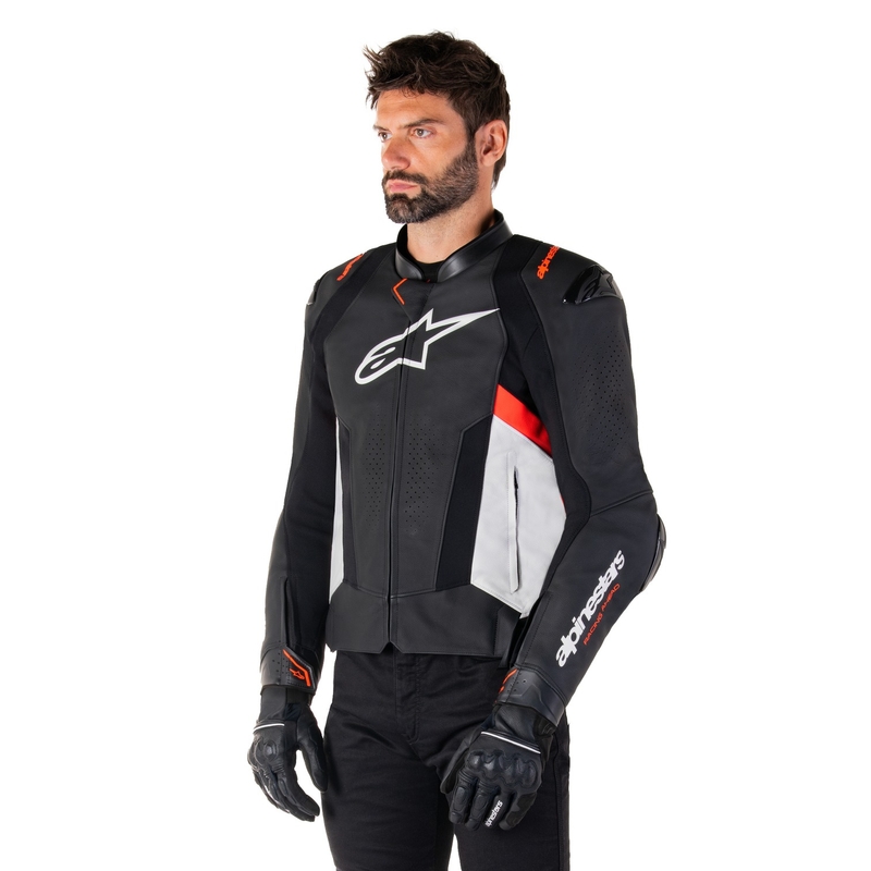 Blouson moto cuir Alpinestars Missile 3 noir-blanc-rouge fluo