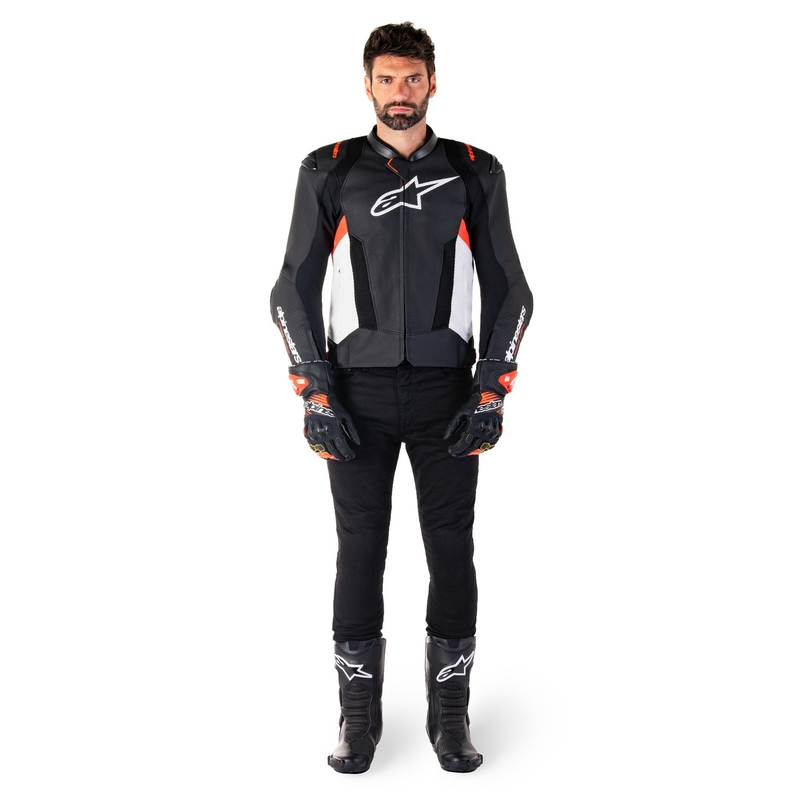 Blouson moto en cuir Alpinestars Missile 3 Airflow noir-blanc-rouge fluo
