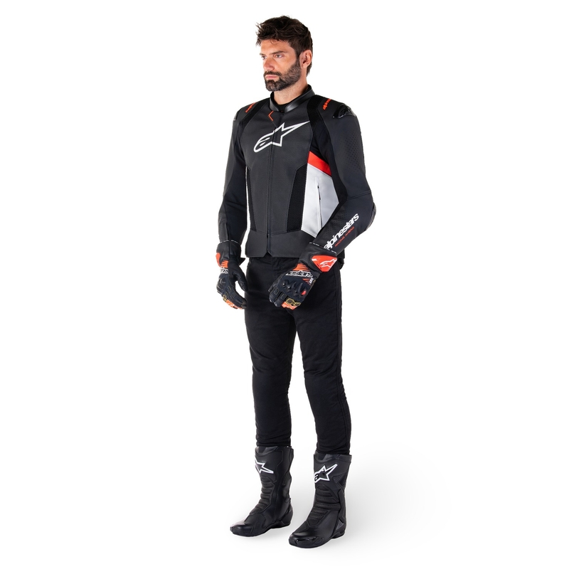 Blouson moto en cuir Alpinestars Missile 3 Airflow noir-blanc-rouge fluo