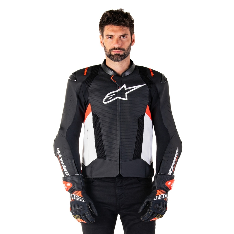Blouson moto en cuir Alpinestars Missile 3 Airflow noir-blanc-rouge fluo