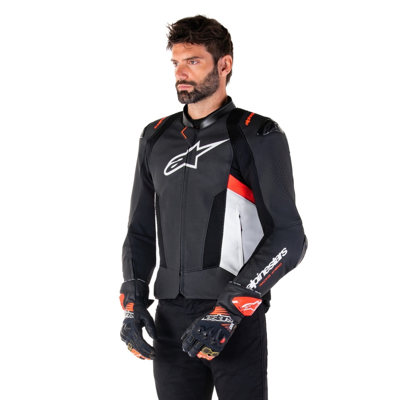 Blouson moto en cuir Alpinestars Missile 3 Airflow noir-blanc-rouge fluo